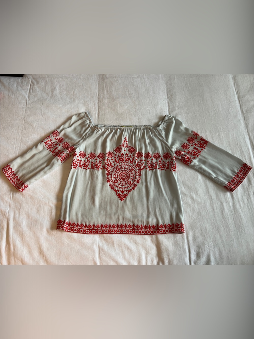 Gianni Bini Light Blue Off-Shoulder Blouse with Red Medallion Embroidery